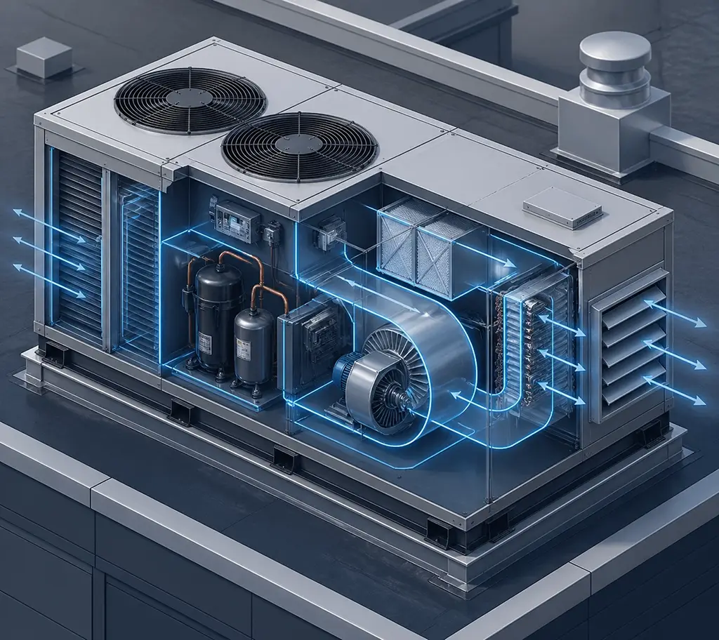Digital schematic of a commercial HVAC service unit illustrating data-driven facility management tracking.