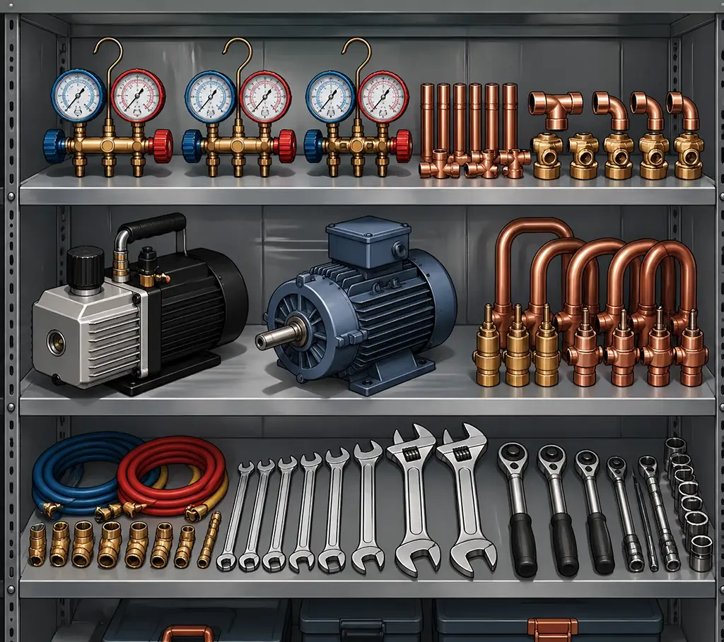 Professional HVAC preventive maintenance tools and inventory organized for mission-critical commercial service.