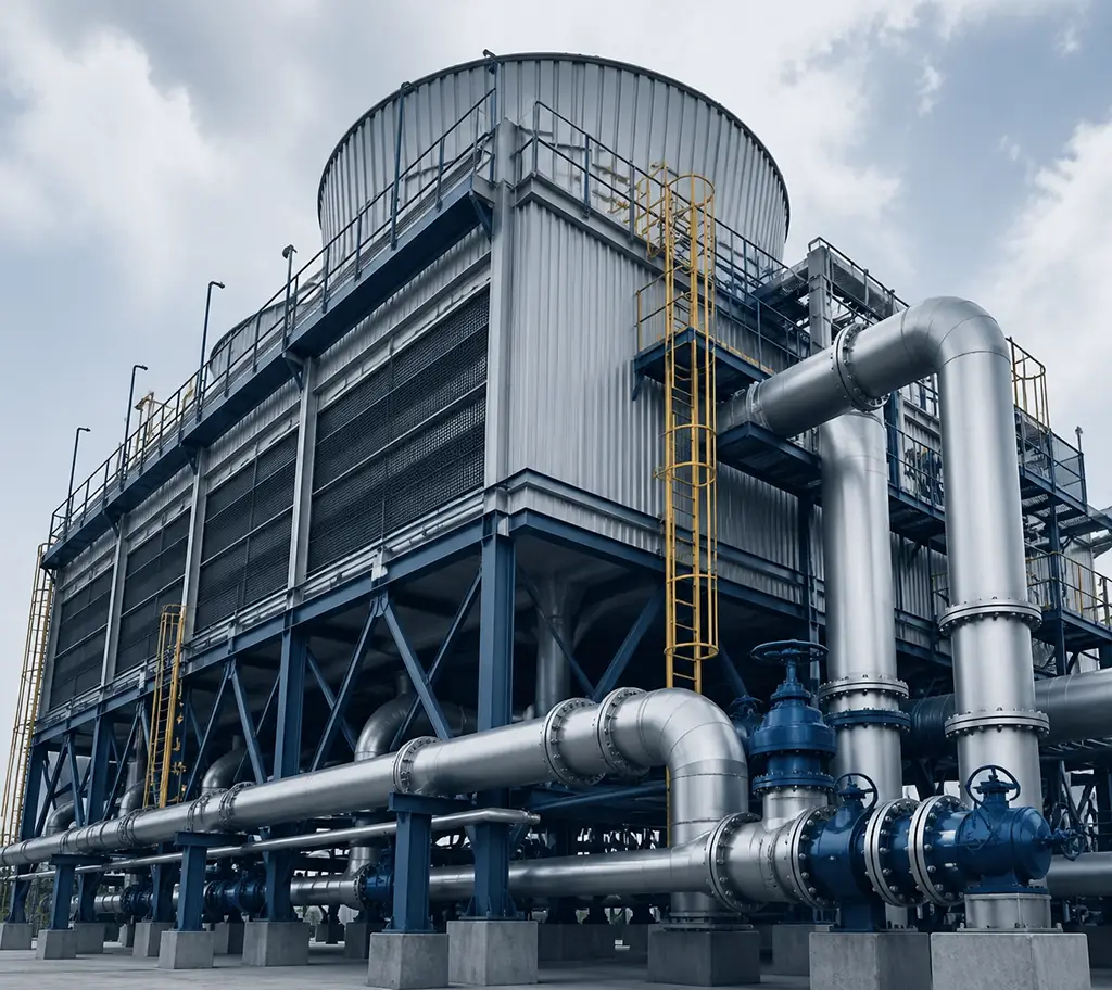 Commercial cooling tower system showing mechanical complexity for advanced energy management HVAC solutions.