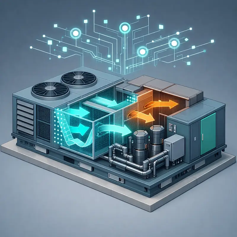 Smart commercial HVAC preventive maintenance illustration showing real-time digital monitoring for facilities.
