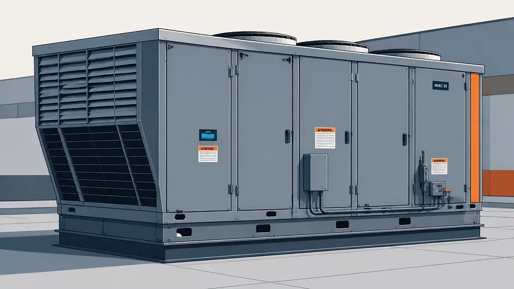 Professional illustration of a commercial rooftop heating, ventilation, and air conditioning unit