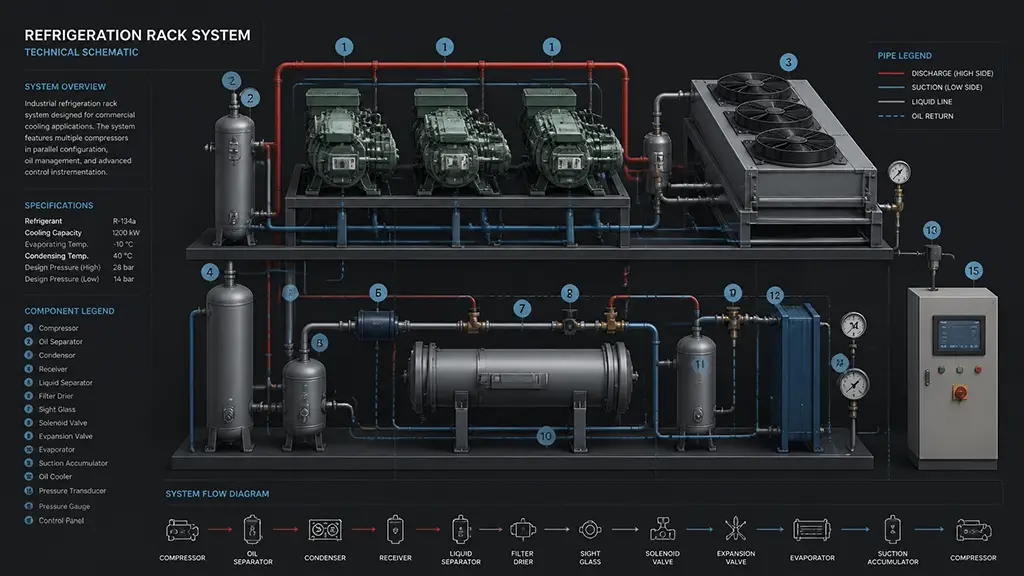 Schematic illustration of a commercial refrigeration rack system