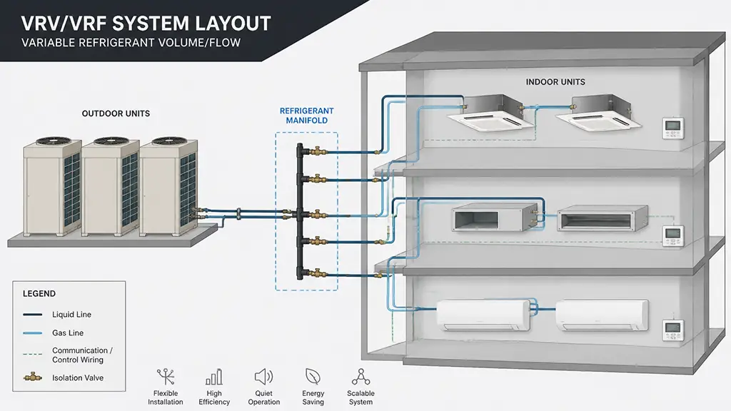 Professional vector illustration of a VRV/VRF system layout