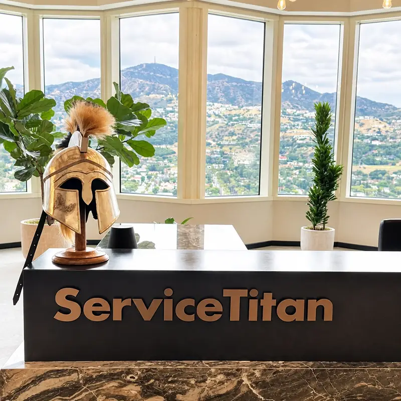 Spartan helmet on the reception desk at the ServiceTitan headquarters in Glendale.