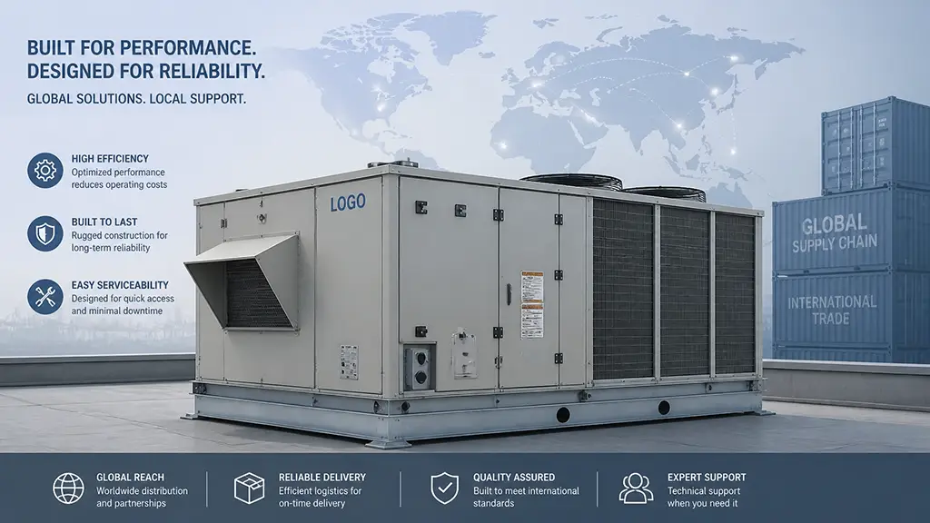 A high-resolution, professional industrial illustration of a large commercial rooftop HVAC unit with subtle supply chain elements in the background.